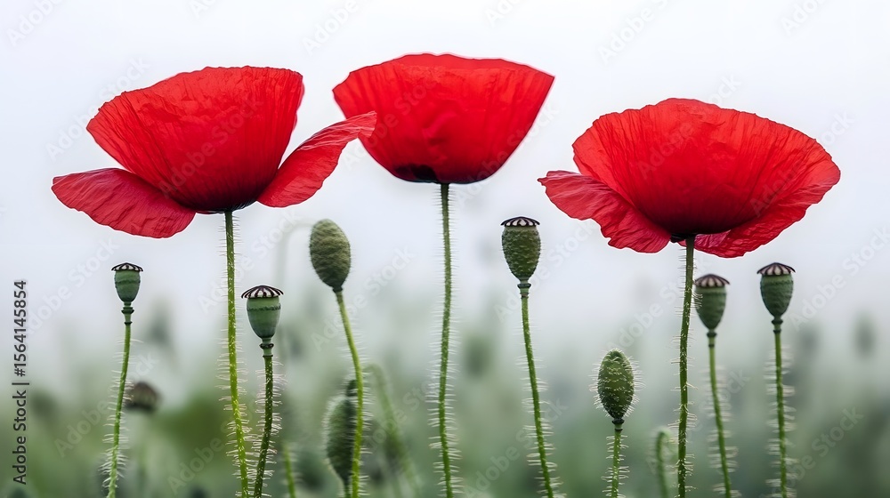Fototapeta premium Vibrant Red Poppies Field Closeup Photography