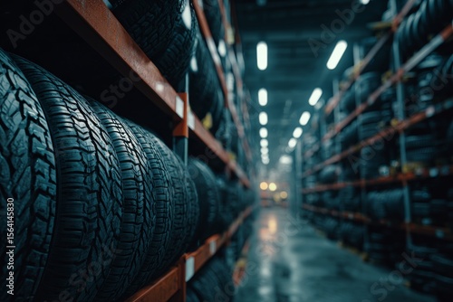 A modern industrial warehouse contains a stack of tires under bright lights