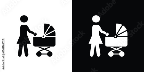 Woman with Baby Stroller icon simple flat graphic illustrations. Black and white silhouette vector