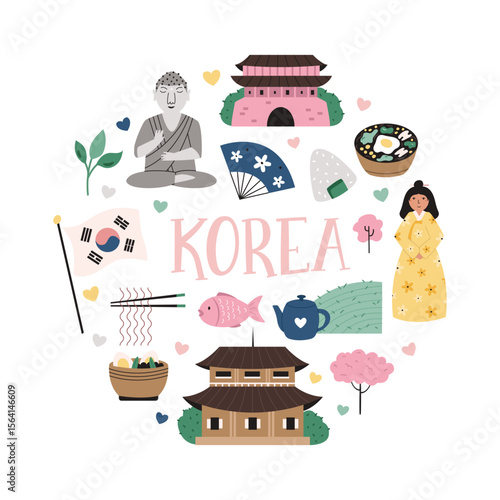 Korean Culture Clipart. Hand Drawn Traditional Symbols, Landmarks and Food of Korea