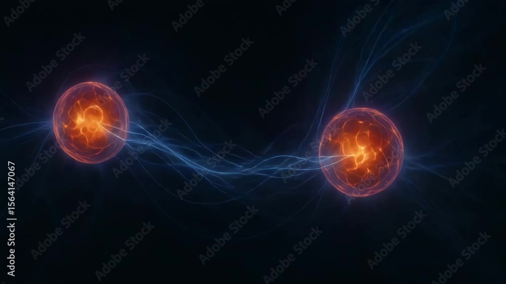 An abstract representation of quantum entanglement, featuring two connected particles emitting energy. The image symbolizes the complexities of modern physics and the universe. An abstract representation of quantum entanglement, featuring two connected particles emitting energy. The image symbolizes the complexities of modern physics and the universe.