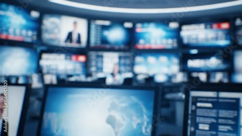 Dynamic multi-screen display showing global news and information in a blurred broadcast control room, a modern technology concept with copy space.