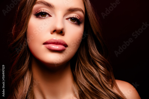 Wallpaper Mural Photo of gorgeous lady model promoting decorative cosmetics looking camera isolated black color background Torontodigital.ca