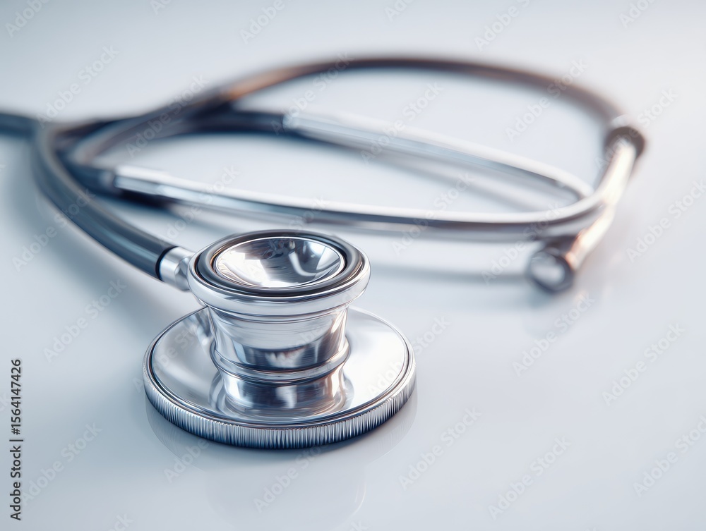 Close-up of a silver stethoscope, elegantly curved, rests on a bright, reflective surface; showcasing its polished chrome chestpiece and tubing Close-up of a silver stethoscope, elegantly curved, rests on a bright, reflective surface; showcasing its polished chrome chestpiece and tubing
