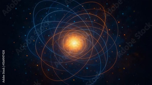 An abstract representation of atomic structure, showcasing a central glowing core surrounded by swirling orbits of electrons