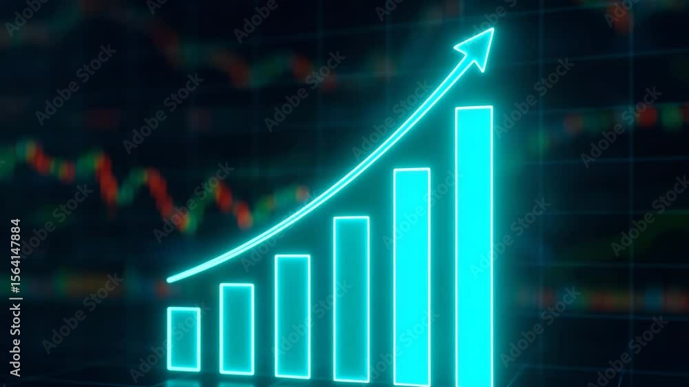 A vibrant digital representation of financial growth, featuring a glowing bar graph with an upward trend and dynamic line chart in the background, symbolizing economic success.
