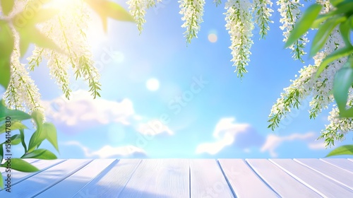 Serene Spring Blossoms Wooden Table Background