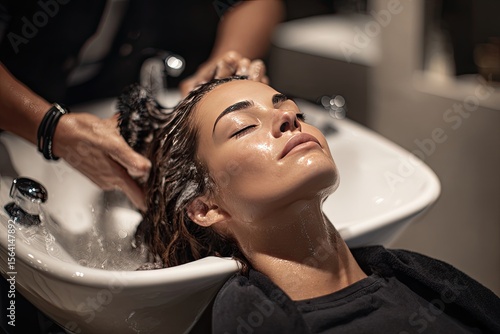 Relaxed woman with eyes closed, receiving a hair wash at a salon sink, soapy water cascading over her brunette hair.  Her face is serene, showcasing a pampered experience