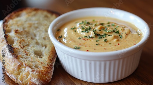 Creamy chipotle mayo with fresh herbs and spices in ribbed white bowl alongside toasted sourdough bread portions
