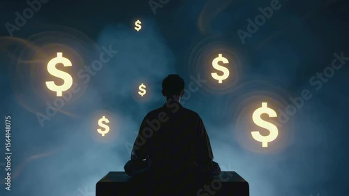 A silhouette sits cross-legged in meditation while glowing $ signs hover around them like chakras or satellites, spiritual loop