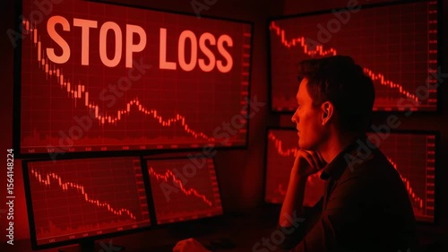 A stressed trader sits in front of multiple monitors displaying a declining stock market with red graph lines, representing financial loss and market volatility in the trading envi