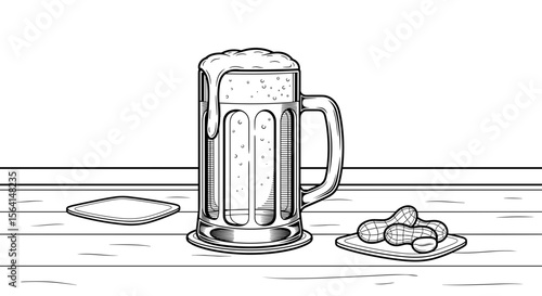 Glass of beer with peanuts and snacks on a wooden table for a casual dining concept