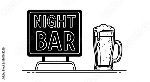 Night bar sign with a glass of beer for a nightlife and entertainment concept