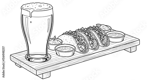 Plate of tacos with sauces and a glass of beer for a culinary and food concept