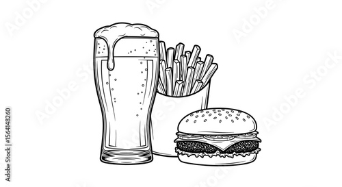 Mug of beer with burger and fries illustration in black and white