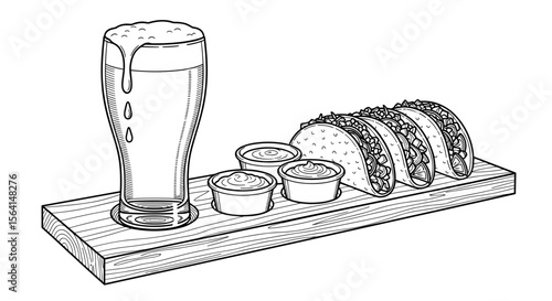 Glass of beer with tacos and dipping sauces illustration in black and white
