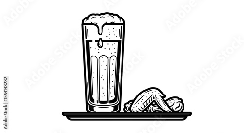 Glass of beer with chicken wings on a plate illustration in black and white