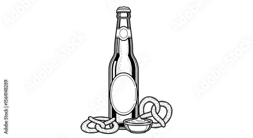 Bottle of beer with pretzels and mustard illustration in black and white