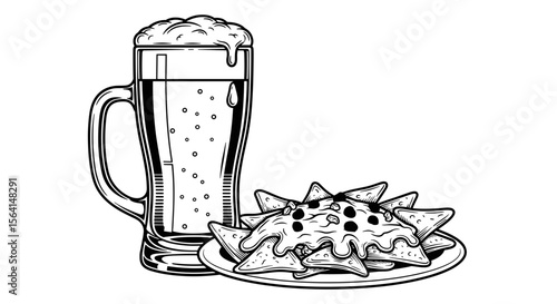 Mug of beer with nachos illustration in black and white