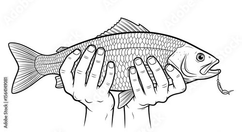 Hands holding a sizable fish with a caught bait in a line drawing style