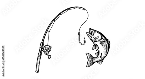 Fish caught on a hook being lifted by a fishing rod in a line drawing style