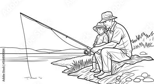 Father and son fishing together by the lakeside in a line drawing style