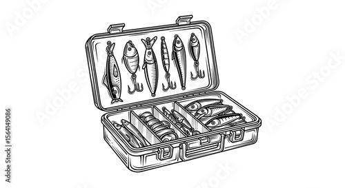 Fishing tackle box with various lures and baits in a line drawing style