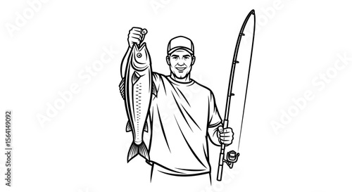 Sport fisherman proudly holding a large catch and fishing rod in a line drawing style