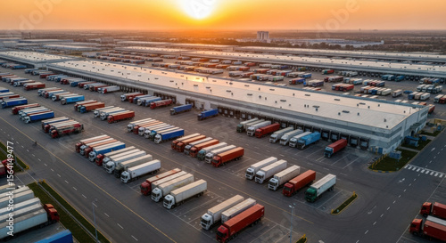 Aerial view of vast logistics distribution center with many parked semi trucks and trailers at loading docks during golden sunset light.