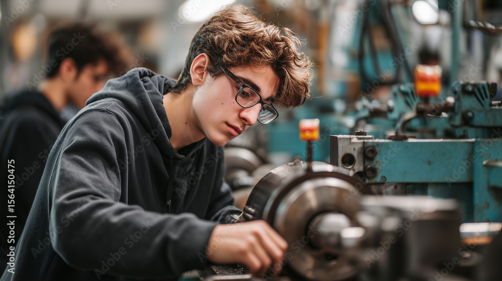 Technical education students wearing safety goggles and coveralls operate industrial lathe machines in engineering workshop. Teamwork, precision, and skill development in vocational training or STEM e Technical education students wearing safety goggles and coveralls operate industrial lathe machines in engineering workshop. Teamwork, precision, and skill development in vocational training or STEM e