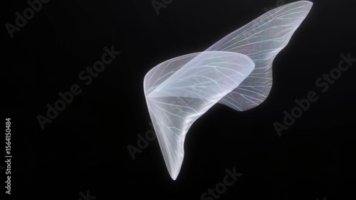 Drifting Fairy Wing: A translucent fairy wing gently folds and drifts, glowing delicately in darkness—symbol of lightness, magic, and fantasy.