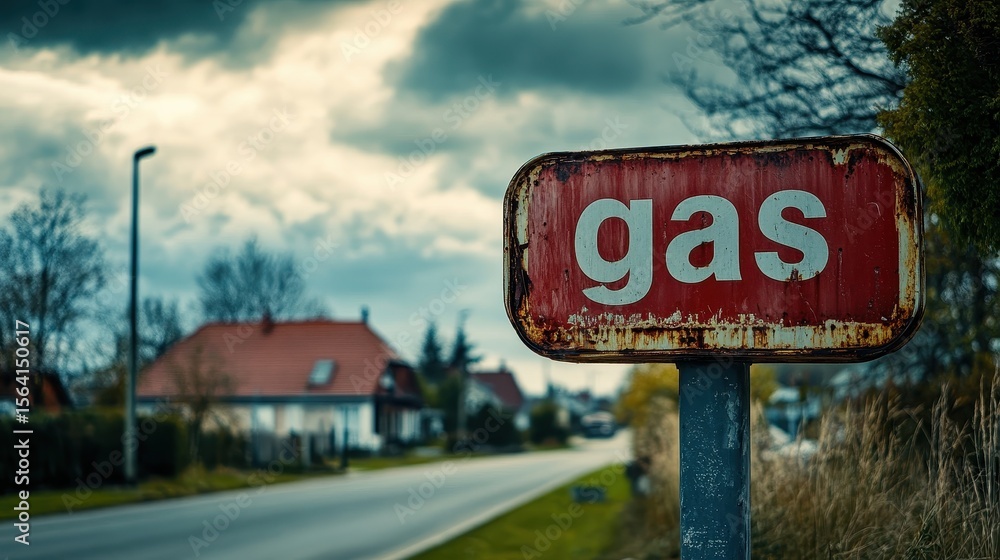 A Rusty Gas Station Sign Along a Quiet Suburban Road with Overcast Skies, Emphasizing the Nostalgic Atmosphere of a Vintage Americana Setting A Rusty Gas Station Sign Along a Quiet Suburban Road with Overcast Skies, Emphasizing the Nostalgic Atmosphere of a Vintage Americana Setting