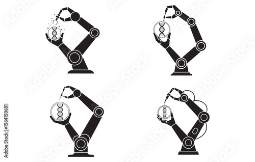Robotic Arms Manipulating D N A in Petri Dishes Black and White Illustration Set