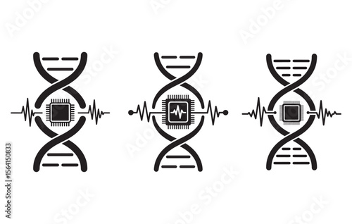 Three Black D N A Strand Icons with Microchip and Heartbeat Waveforms helix processor