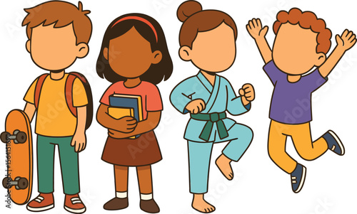 Cartoon Illustration of Diverse School Kids in Various Activities on a White Background