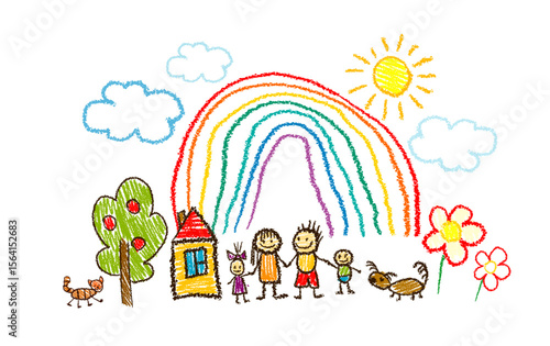 Family children's drawing with colored pencils. hand drawn. Not AI, Vector illustration