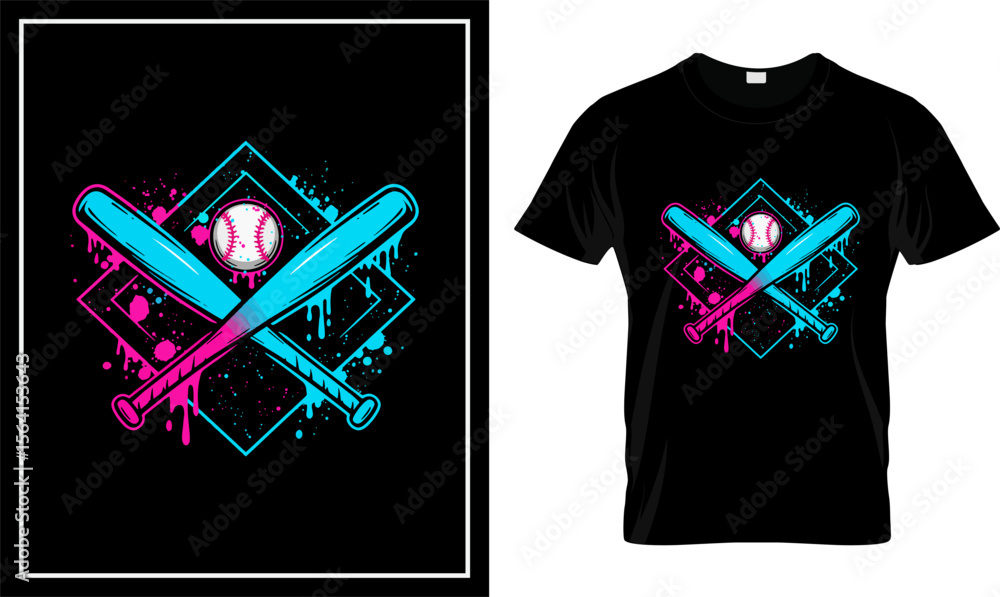Εκτύπωση καμβά Neon Baseball Bats and Ball Colorful Splatter T-Shirt Design with Crossed Bats i
