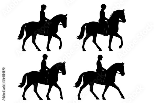 Silhouettes of Riders on Horses, Black Color Isolated on White Background