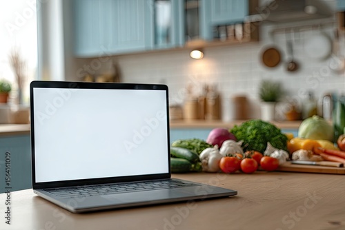 A laptop with a blank screen sits on a kitchen counter, in front of a colorful array of fresh vegetables.  A blurred kitchen background is visible