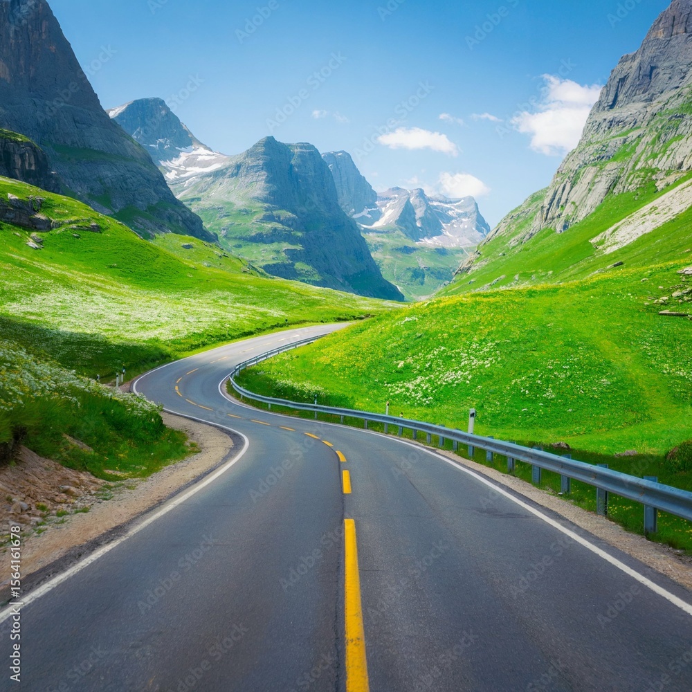 Naklejka premium A photograph of a winding asphalt road cutting through a breathtaking Alpine valley bathed in golden sunlight. 