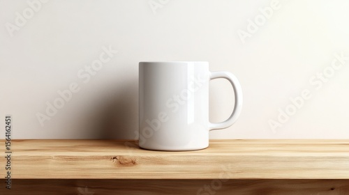 a white coffee mug sitting on a wooden table