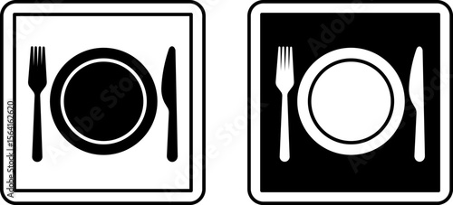 Cafeteria Signs. Black and White Vector Illustrations. Catering Point in Hospital Building. Plate, Fork, and Knife. Road Sign or Sticker