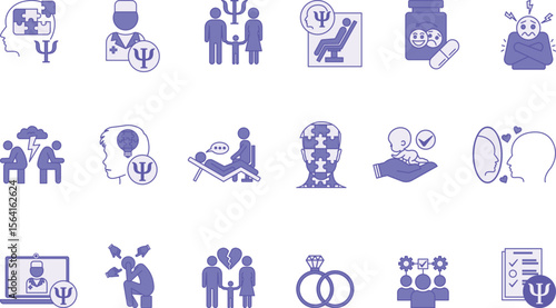 Colored Psychology Icon Set. Vector Illustrations Family Psychology, Psychologist, Divorce, Child Psychology, Marriage, Antidepressants, Adoption, Complexes, Fears, Conflicts, Ego, and Others