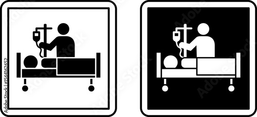 Intensive Care Signs. Black and White Vector Illustrations. Medical Worker Putting a Drip on a Patient, Treating a Sick Person. Signboard in the Department of the Hospital