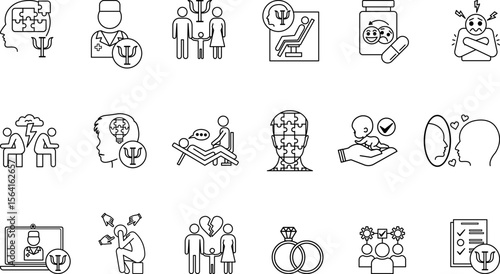 Psychology Icon Set. Vector Illustrations Family Psychology, Psychologist, Divorce, Child Psychology, Marriage, Antidepressants, Adoption, Complexes, Fears, Conflicts, Ego, and Others