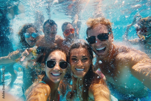 Underwater selfie of a group of smiling young adults in a swimming pool, bubbles surrounding them