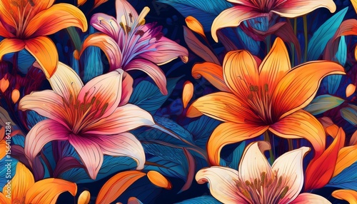 intricate blooming lilies in vibrant hues seamless repeat flower pattern flower