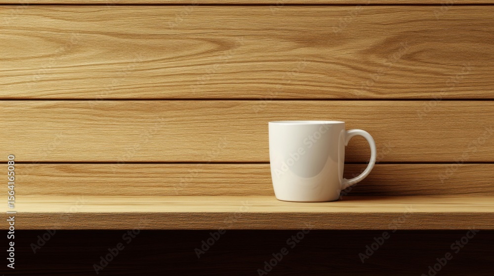 Obraz premium a white coffee cup sitting on a wooden shelf