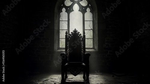 Mysterious Throne Inside an Abandoned Space With Gothic Architecture and Shadows, Evoking an Eerie Atmosphere and Historical Significance