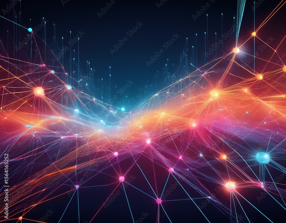 abstract network with interconnected nodes and lines in shades of pink blue and orange glow abstract network with interconnected nodes and lines in shades of pink blue and orange glow